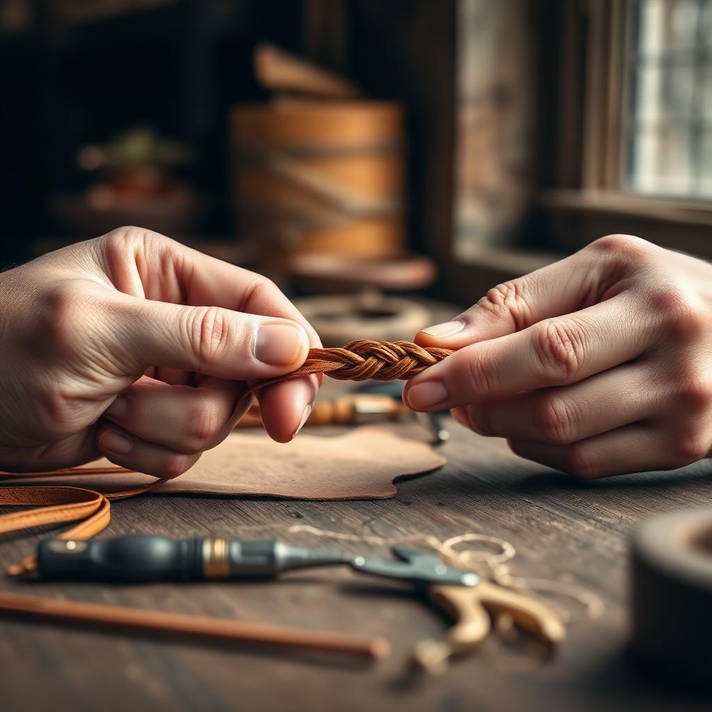 Tressage manuel d'un bracelet en cuir cognac