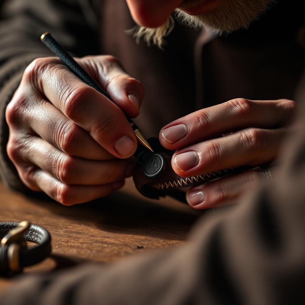 Couture sellier à la main sur un bracelet en cuir noir