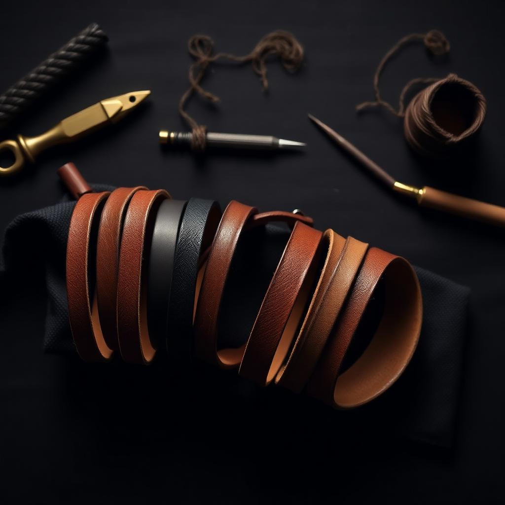 Bracelets en cuir finis présentés avec les outils de l'atelier