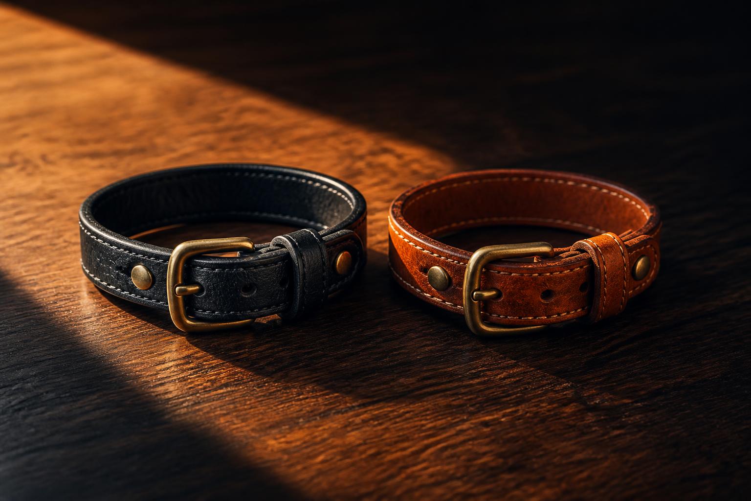 Bracelet cuir homme noir et bracelet cuir homme cognac Otis McQueen côte à côte sur bois foncé, boucles laiton — comparatif des deux teintes