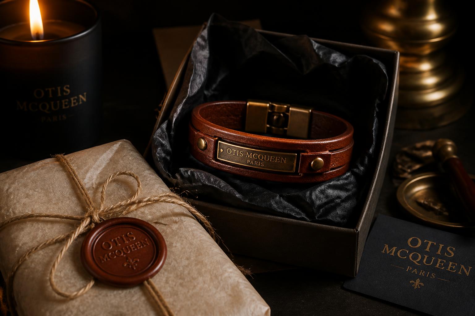 Coffret cadeau Otis McQueen avec bracelet en cuir cognac pour homme, écrin, cire scellée et bougie noire — mise en scène chaleureuse