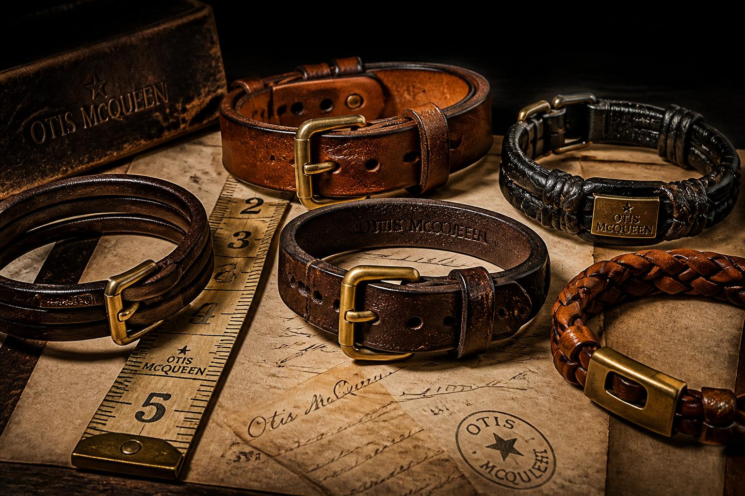 Sélection de bracelets en cuir pleine fleur pour homme Otis McQueen — cognac, noir et tressé — présentés avec mètre de couturier pour choisir la bonne taille